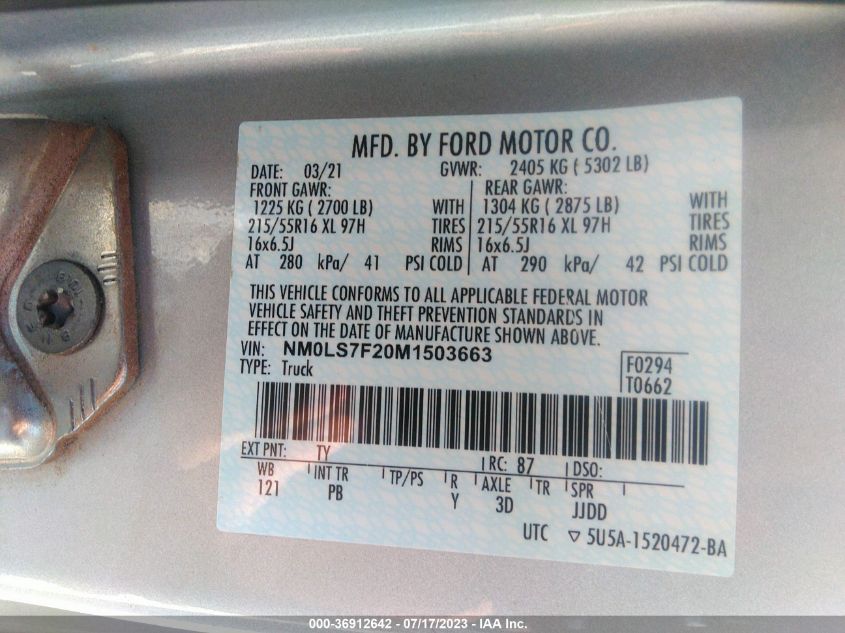 2021 FORD TRANSIT CONNECT VAN XLT NM0LS7F20M1503663