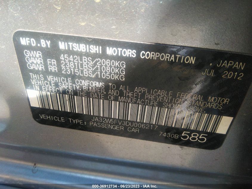 2013 MITSUBISHI LANCER EVOLUTION MR - JA32W5FV3DU006217