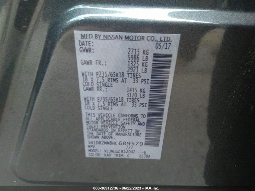 2017 NISSAN PATHFINDER S/SV/SL/PLATINUM - 5N1DR2MM8HC689579