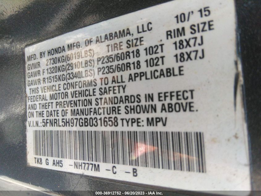 2016 HONDA ODYSSEY TOURING - 5FNRL5H97GB031658