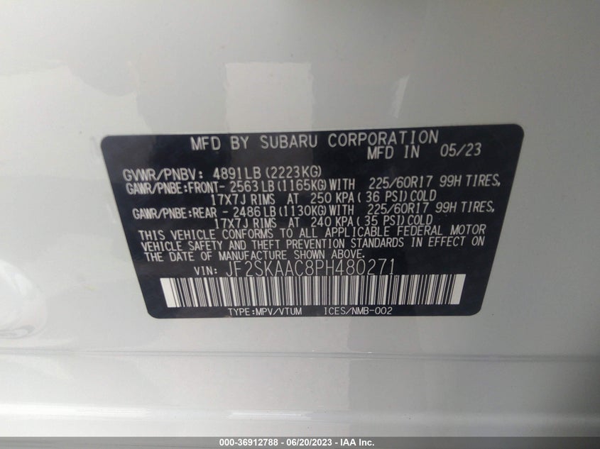VIN JF2SKAAC8PH480271 2023 SUBARU FORESTER