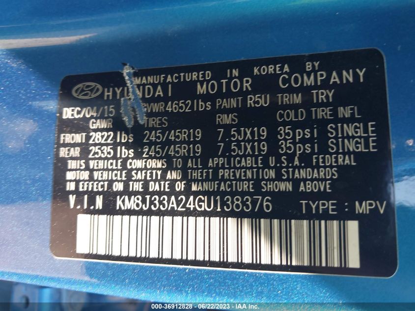 2016 HYUNDAI TUCSON LIMITED - KM8J33A24GU138376