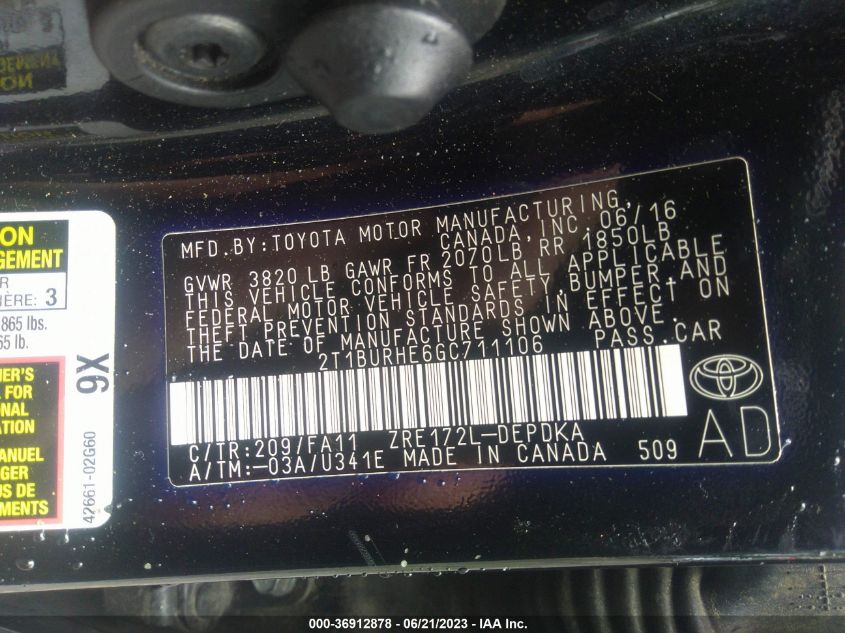 2016 TOYOTA COROLLA LE - 2T1BURHE6GC711106