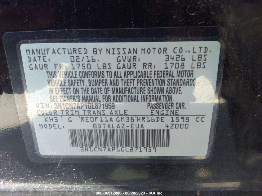 2016 NISSAN VERSA S PLUS - 3N1CN7AP1GL871959