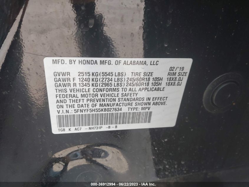 2019 HONDA PILOT EX-L - 5FNYF5H55KB027634