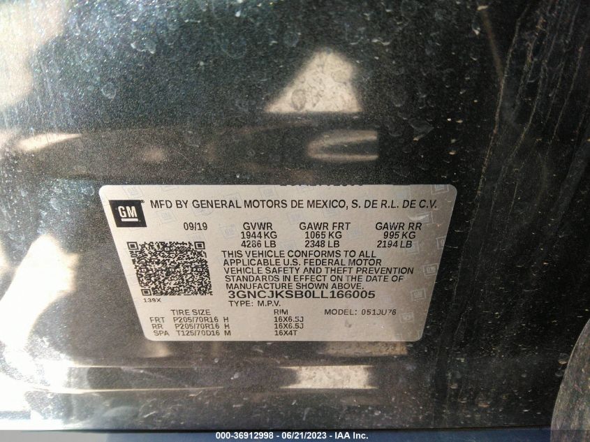 VIN 3GNCJKSB0LL166005 2020 CHEVROLET TRAX LS