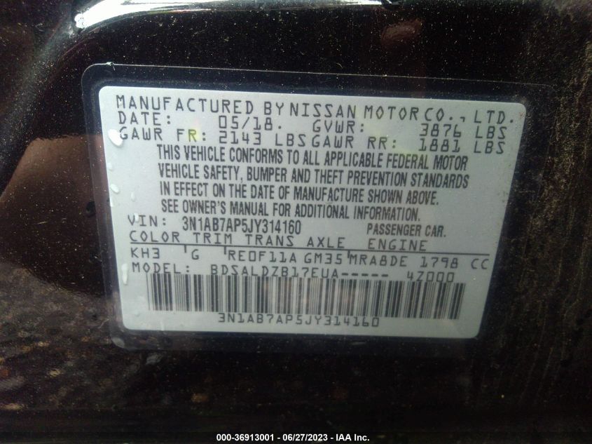 2018 NISSAN SENTRA SV - 3N1AB7AP5JY314160