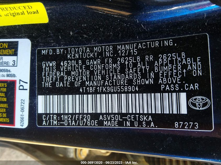 2016 TOYOTA CAMRY XLE/SE/LE/XSE - 4T1BF1FK9GU558904