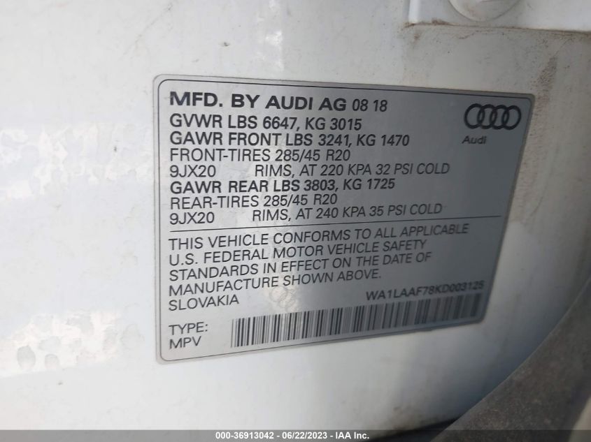 WA1LAAF78KD003125 2019 AUDI Q7, photo no. 9