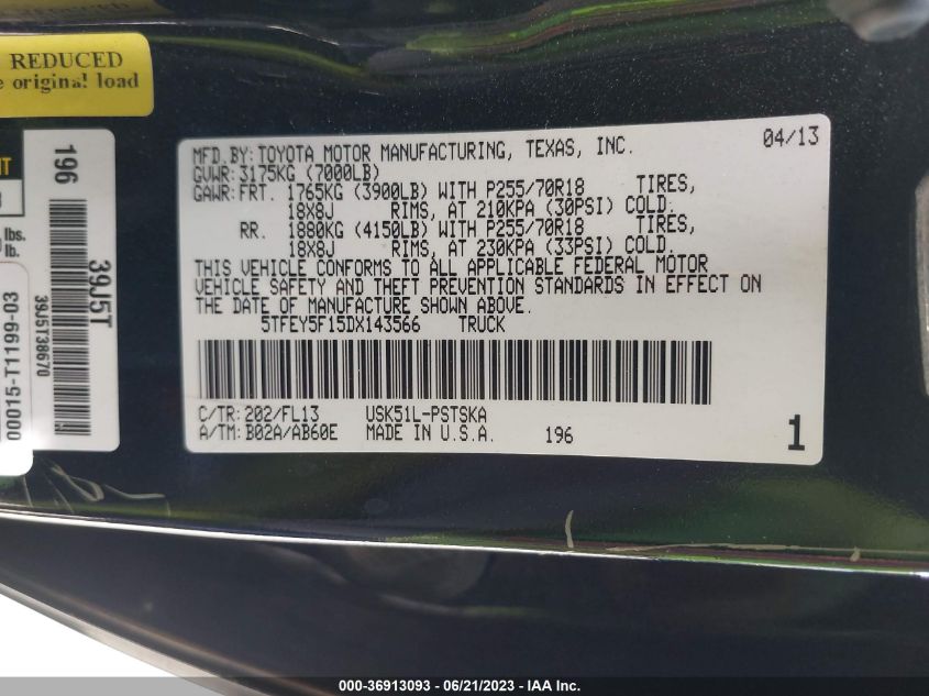 2013 TOYOTA TUNDRA 2WD TRUCK - 5TFEY5F15DX143566