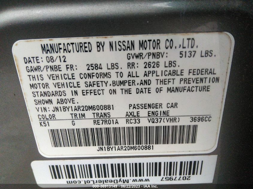 2013 INFINITI M37 JN1BY1AR2DM600881