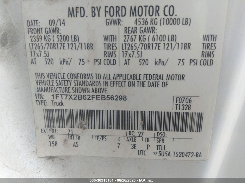 2015 FORD SUPER DUTY F-250 SRW XLT/LARIAT/XL - 1FT7X2B62FE856298