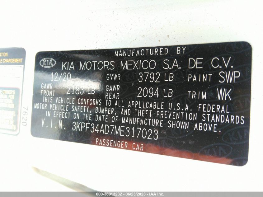 2021 KIA FORTE GT LINE - 3KPF34AD7ME317023