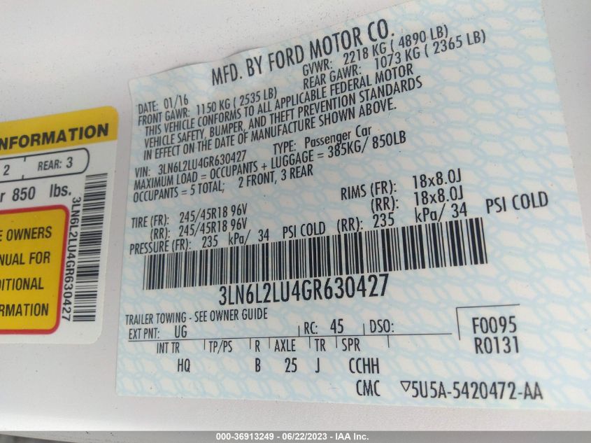 2016 LINCOLN MKZ HYBRID - 3LN6L2LU4GR630427