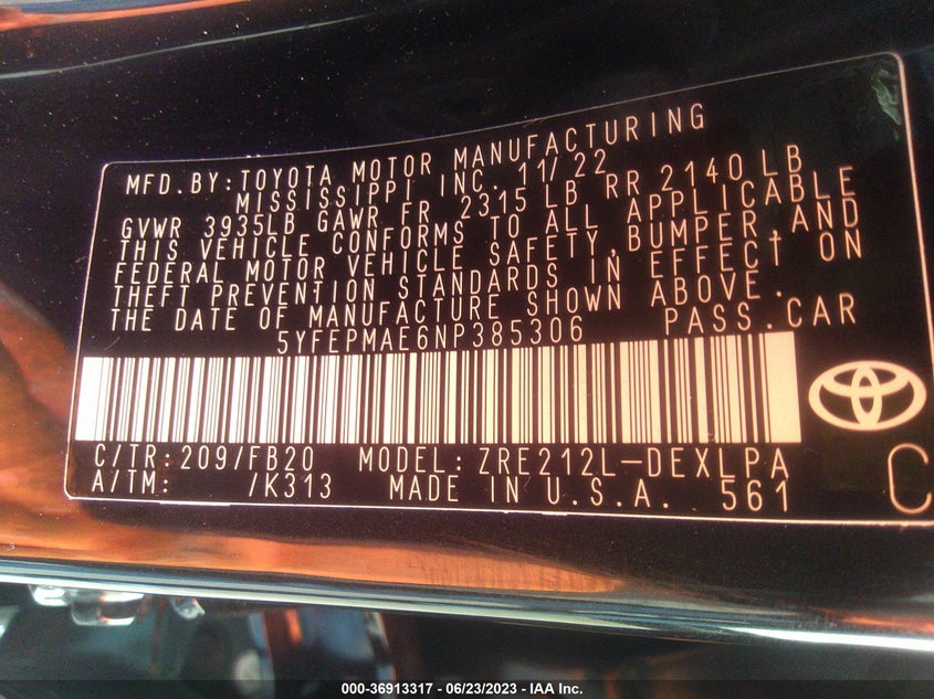 VIN 5YFEPMAE6NP385306 2022 TOYOTA COROLLA LE