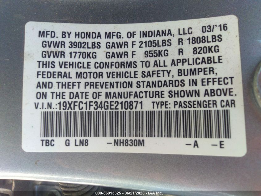 2016 HONDA CIVIC SEDAN EX-T - 19XFC1F34GE210871