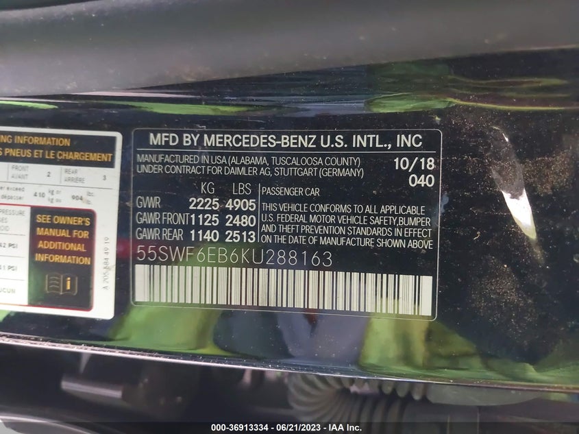 VIN 55SWF6EB6KU288163 2019 MERCEDES-BENZ C-CLASS AMG C 43