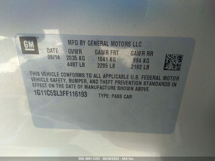 2015 CHEVROLET MALIBU LT - 1G11C5SL3FF116193