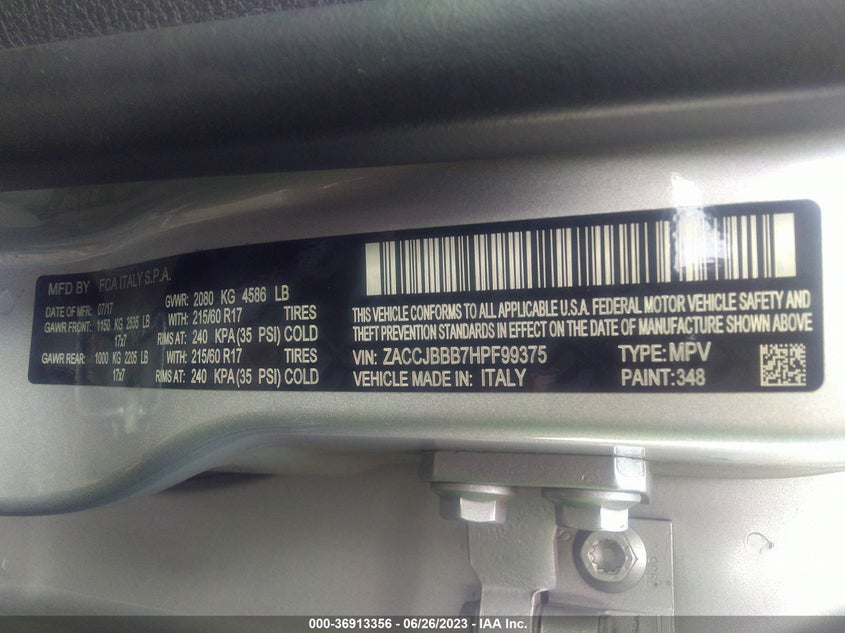VIN ZACCJBBB7HPF99375 2017 JEEP RENEGADE LATITUDE