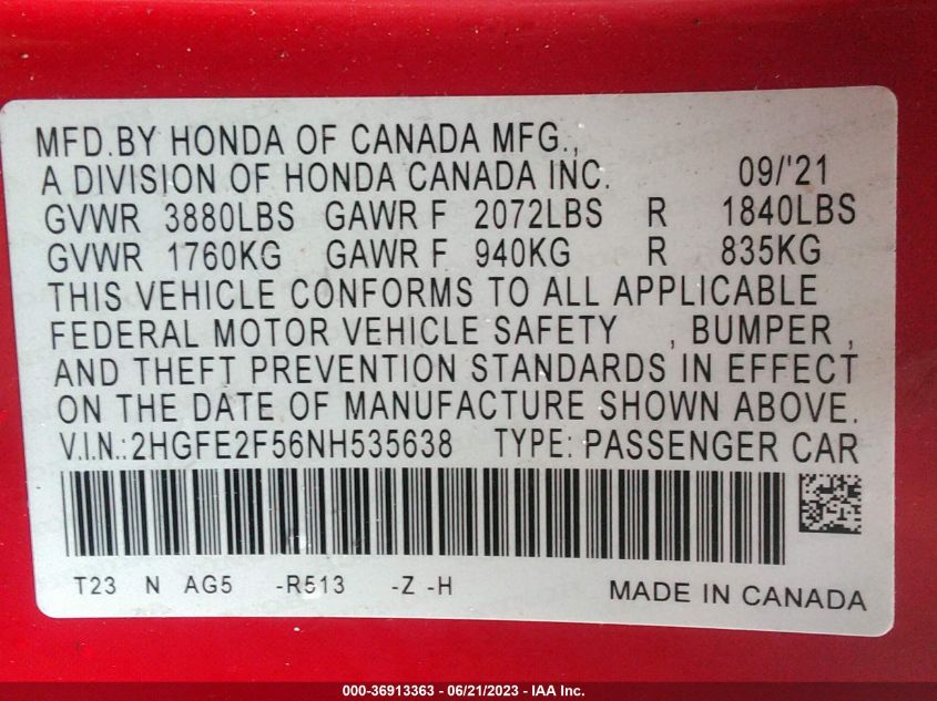 2022 HONDA CIVIC SEDAN SPORT - 2HGFE2F56NH535638