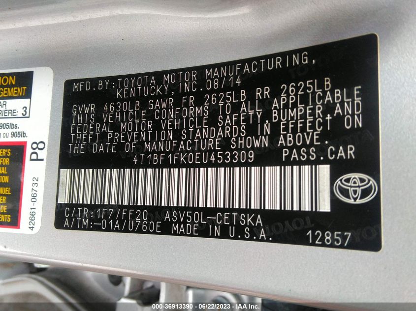 2014 TOYOTA CAMRY L/LE/XLE/SE/SE SPORT - 4T1BF1FK0EU453309
