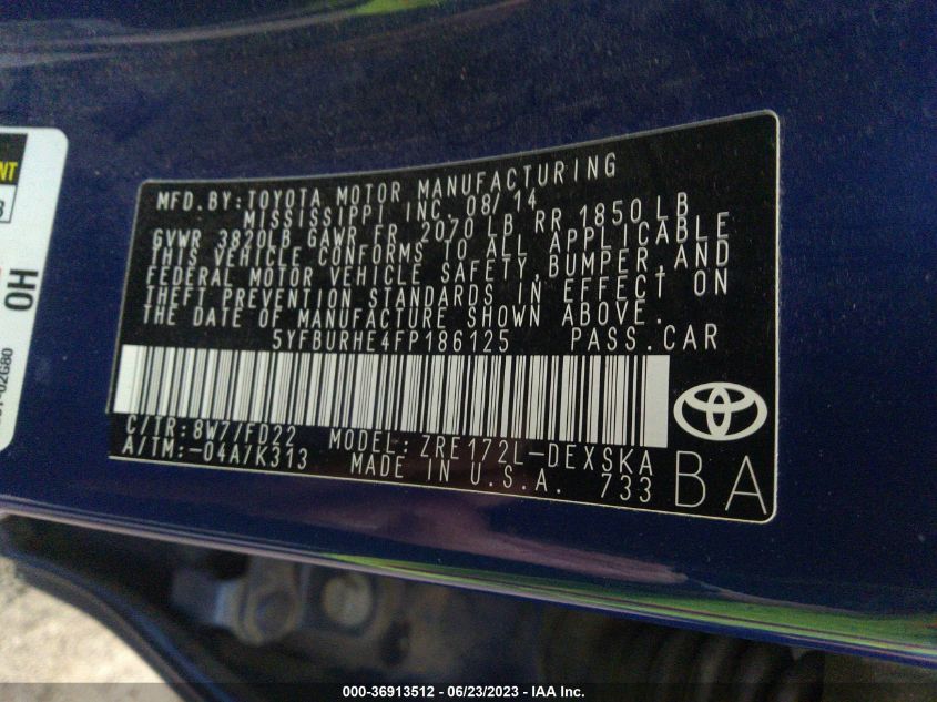 2015 TOYOTA COROLLA L/LE/S/S PLUS/LE PLUS - 5YFBURHE4FP186125
