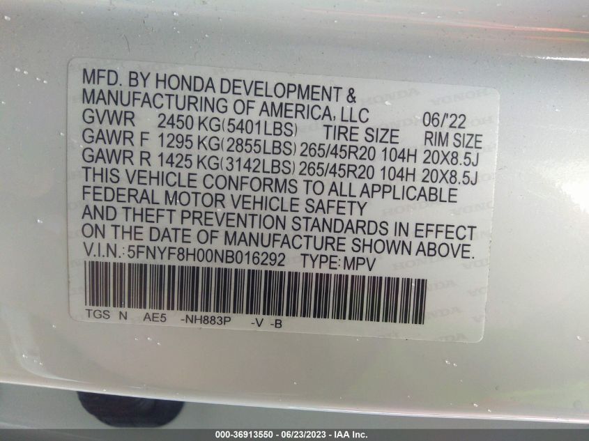 2022 HONDA PASSPORT ELITE - 5FNYF8H00NB016292