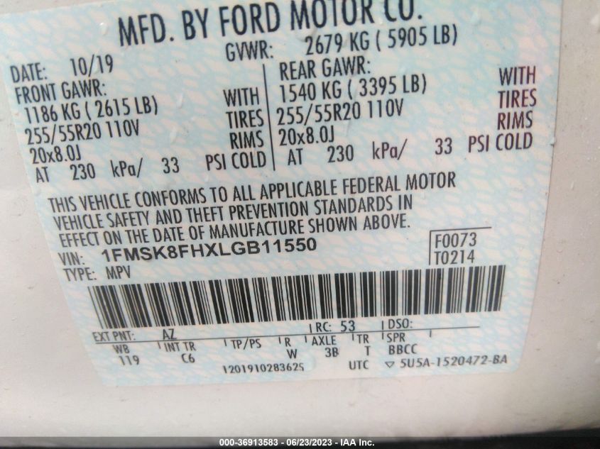 2020 FORD EXPLORER LIMITED - 1FMSK8FHXLGB11550