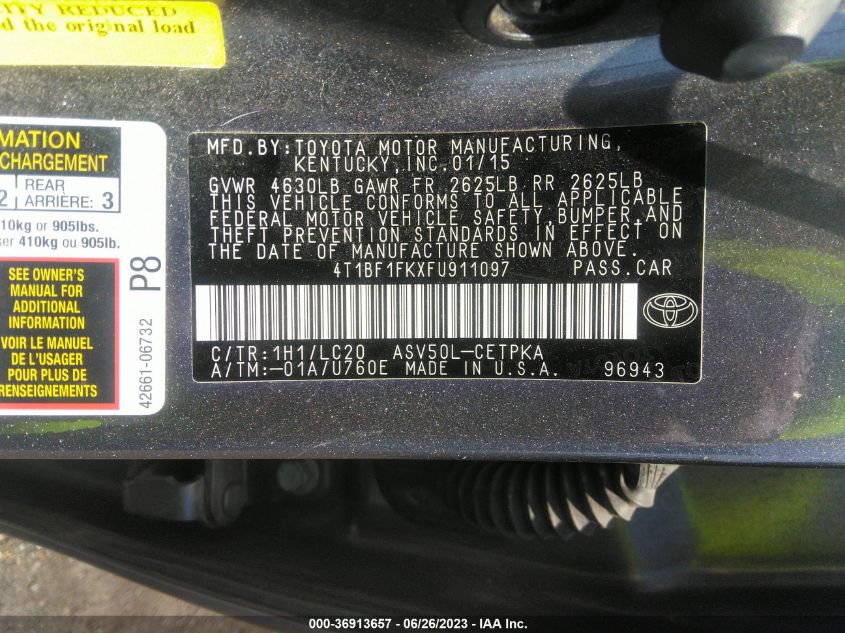 2015 TOYOTA CAMRY XLE/SE/LE/XSE - 4T1BF1FKXFU911097