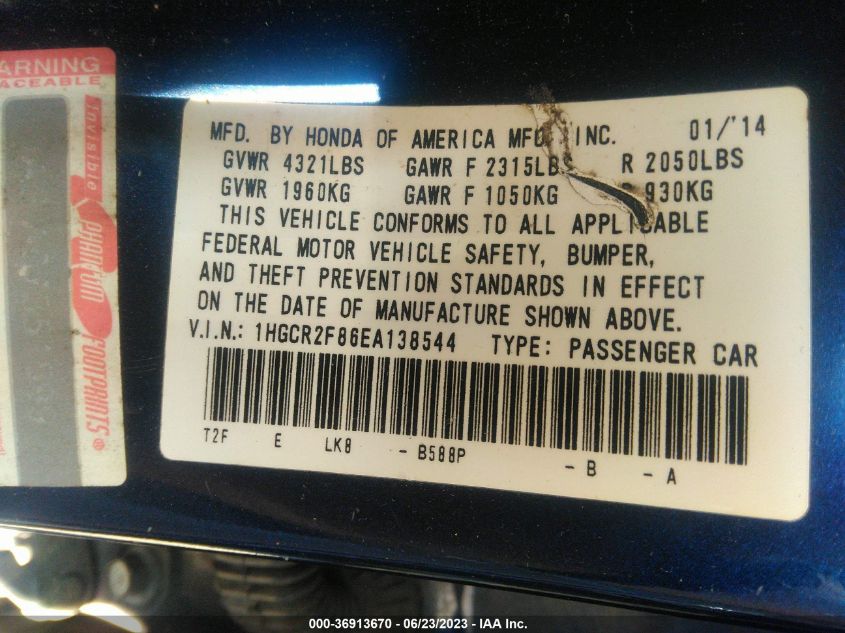 2014 HONDA ACCORD SEDAN EX-L - 1HGCR2F86EA138544