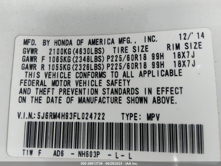 2015 HONDA CR-V TOURING - 5J6RM4H93FL024722