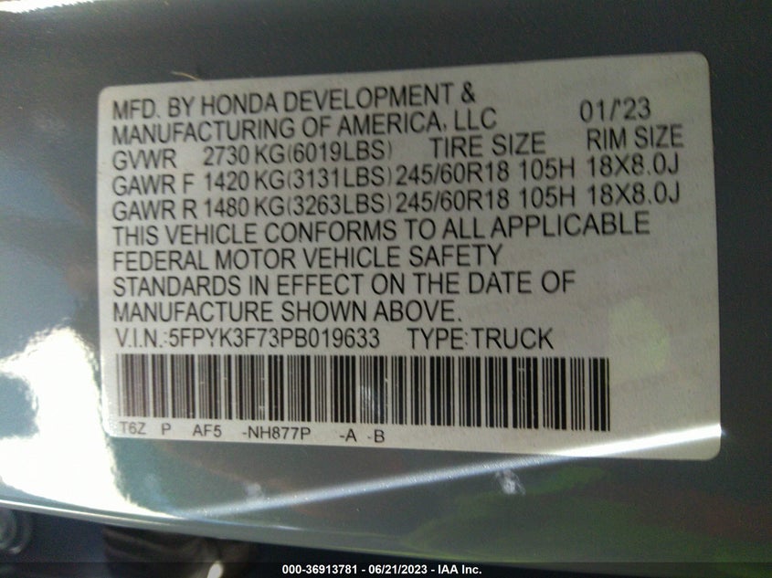 VIN 5FPYK3F73PB019633 2023 HONDA RIDGELINE RTL-E