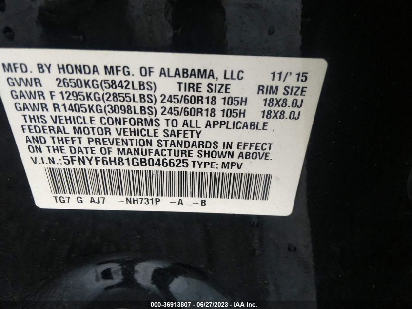 2016 HONDA PILOT EX-L - 5FNYF6H81GB046625