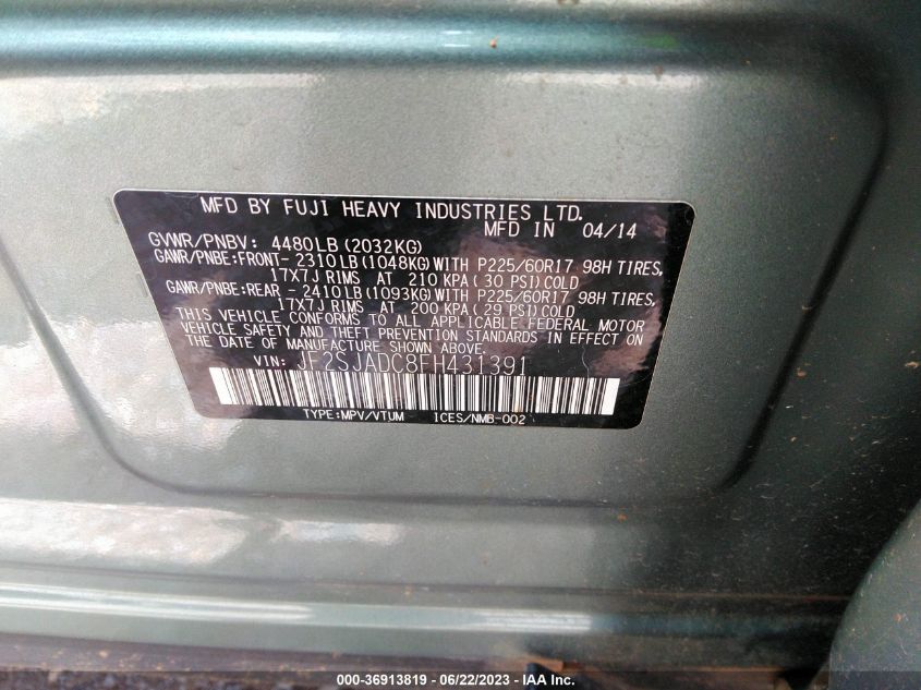 2015 SUBARU FORESTER 2.5I PREMIUM - JF2SJADC8FH431391
