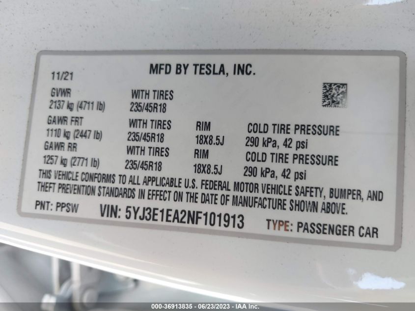 2022 TESLA MODEL 3 - 5YJ3E1EA2NF101913