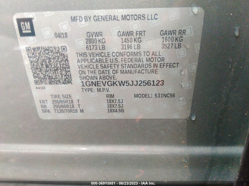 2018 CHEVROLET TRAVERSE LT CLOTH - 1GNEVGKW5JJ256123