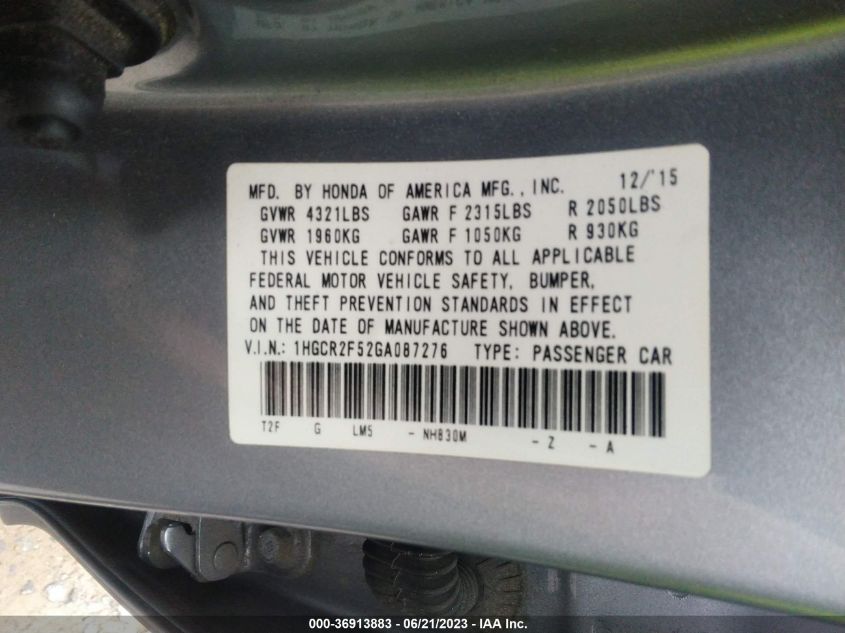 2016 HONDA ACCORD SEDAN SPORT - 1HGCR2F52GA087276