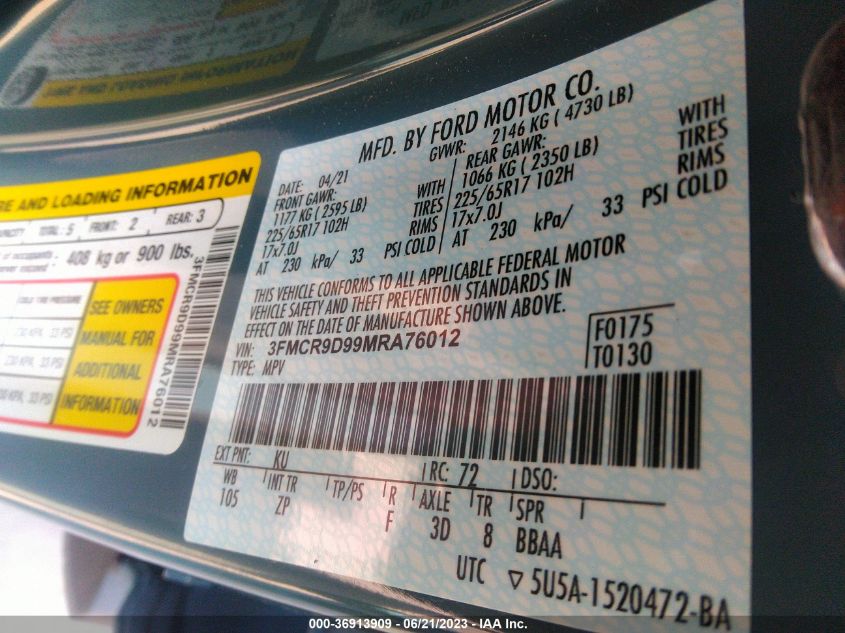 2021 FORD BRONCO SPORT BADLANDS - 3FMCR9D99MRA76012