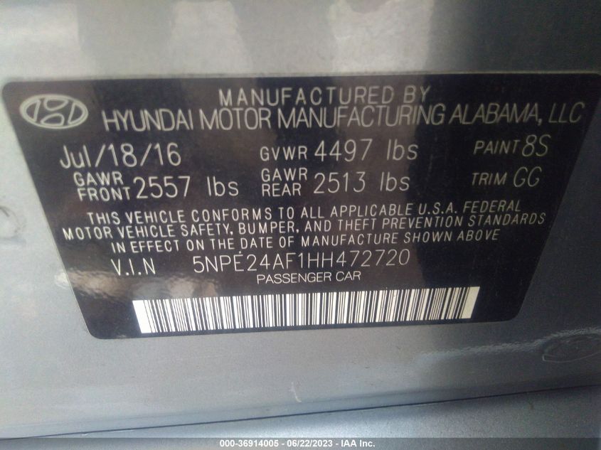 2017 HYUNDAI SONATA 2.4L - 5NPE24AF1HH472720