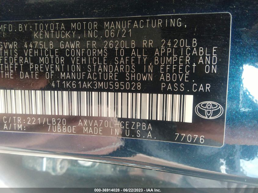 2021 TOYOTA CAMRY XSE - 4T1K61AK3MU595028