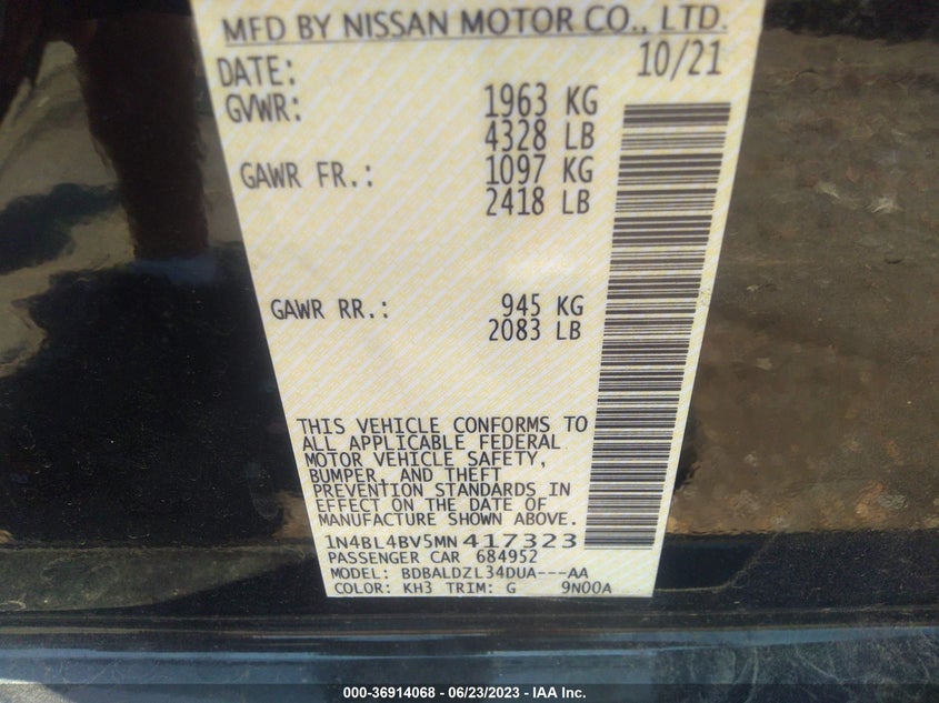 VIN 1N4BL4BV5MN417323 2021 NISSAN ALTIMA 2.5 S