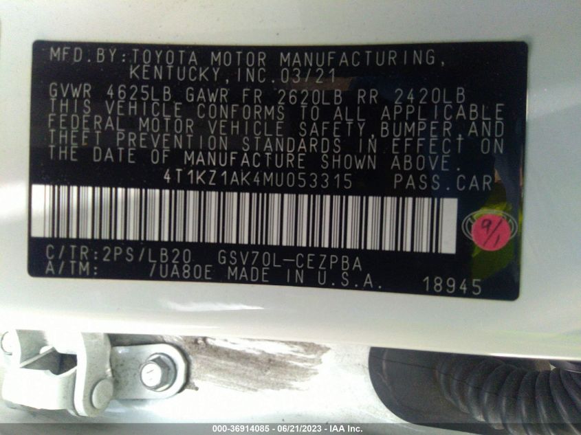 2021 TOYOTA CAMRY V6 - 4T1KZ1AK4MU053315