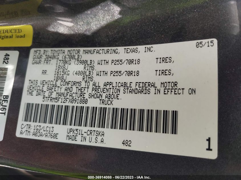 2015 TOYOTA TUNDRA 2WD TRUCK SR/SR5 - 5TFRM5F12FX091880