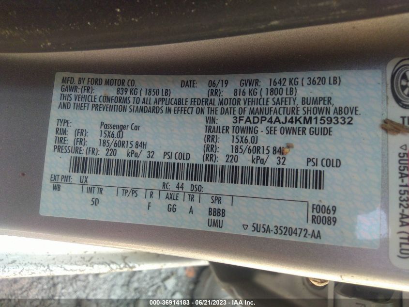 2019 FORD FIESTA S - 3FADP4AJ4KM159332