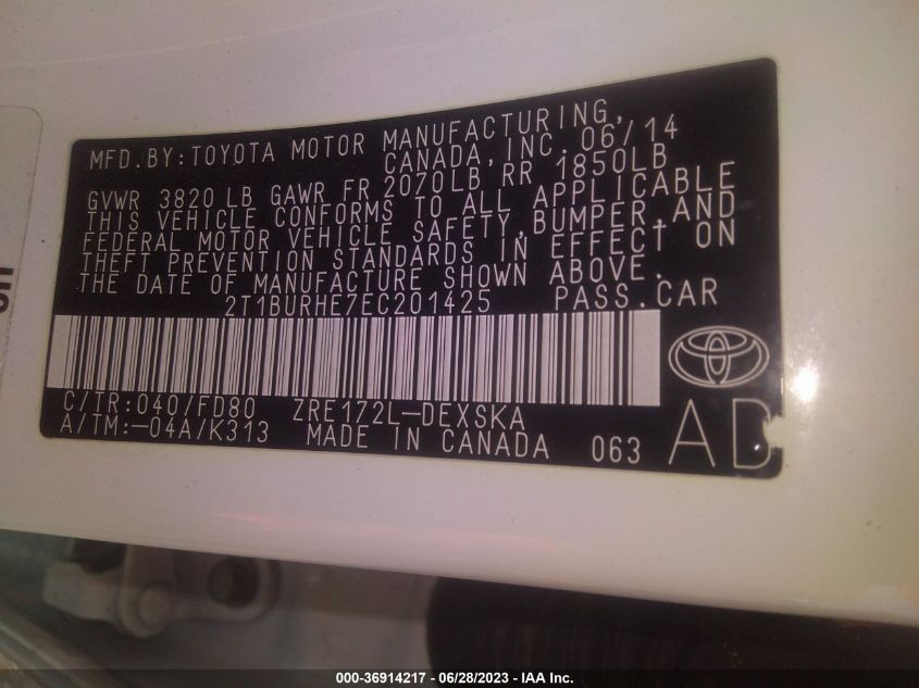 2014 TOYOTA COROLLA L/LE/LE PLS/PRM/S/S PLS - 2T1BURHE7EC201425