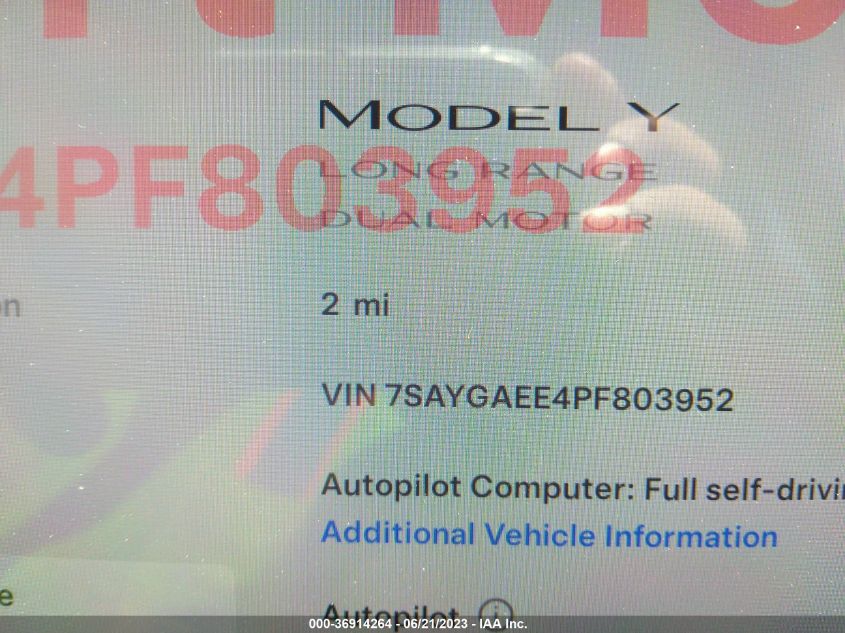 2023 TESLA MODEL Y LONG RANGE - 7SAYGAEE4PF803952