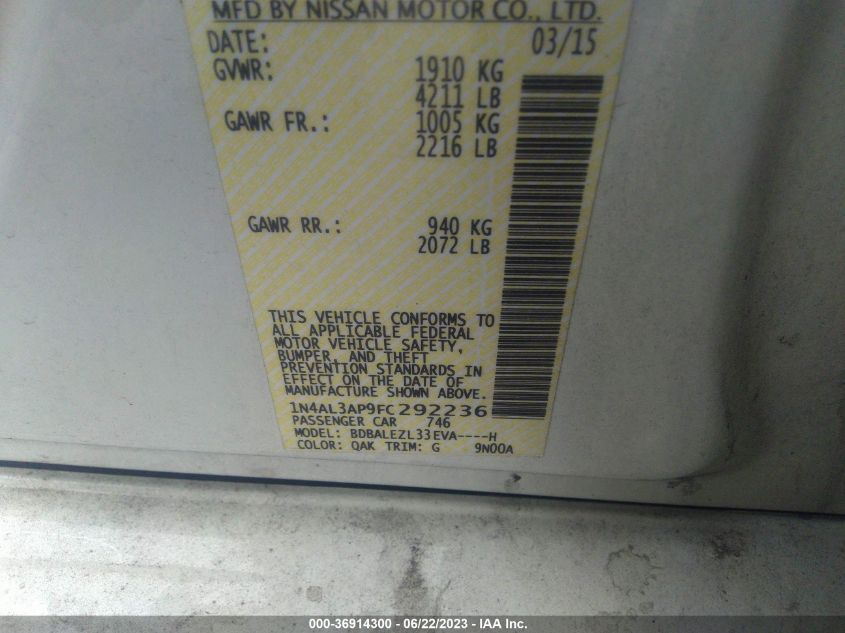 2015 NISSAN ALTIMA 2.5 S - 1N4AL3AP9FC292236