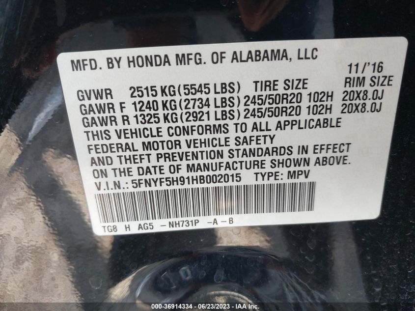 2017 HONDA PILOT TOURING - 5FNYF5H91HB002015