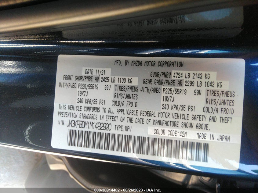 VIN JM3KFBDM1M1492920 2021 MAZDA CX-5 GRAND TOURING