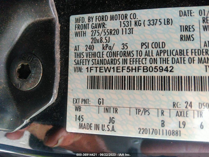2017 FORD F-150 XL/XLT/LARIAT - 1FTEW1EF5HFB05942
